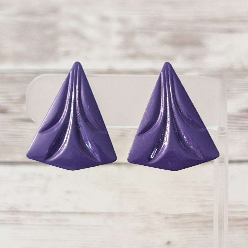Vintage Clip On Earrings Retro Deep Purple Statement Triangle 1.25" large